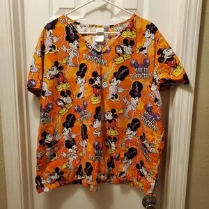 Disney Halloween Scrub Top Womens 2XL Mickey & Minnie Made To Perfection Orange